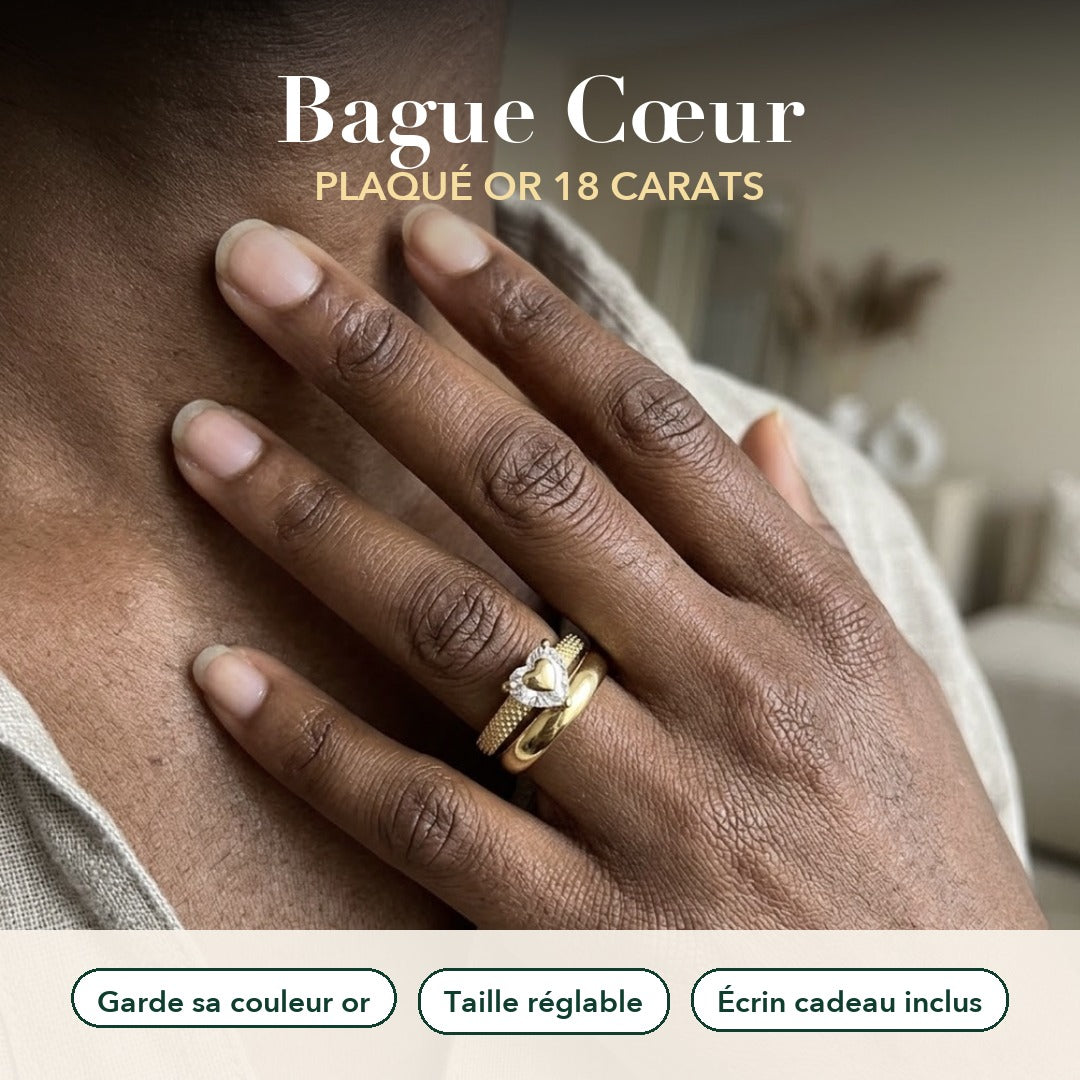 Bague Cœur Plaquée Or 18 Carats + Écrin Cadeau